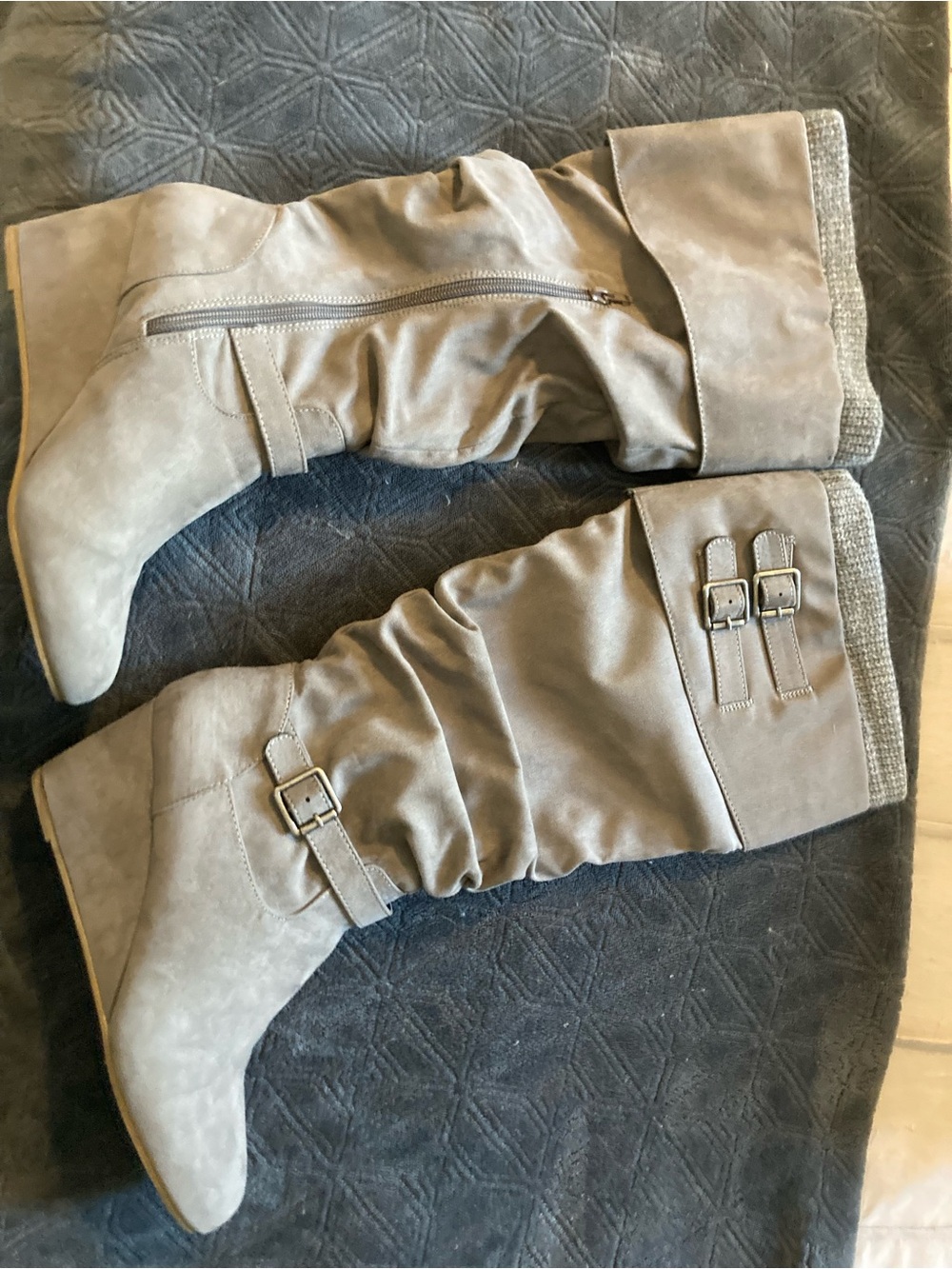 JustFab Taupe Slouchy Mid-Calf Boots with Buckle Trim